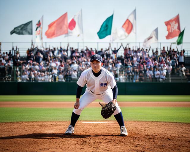 青森県の高校野球選手が春の球場で守備につき、外野席から応援旗が見える風景